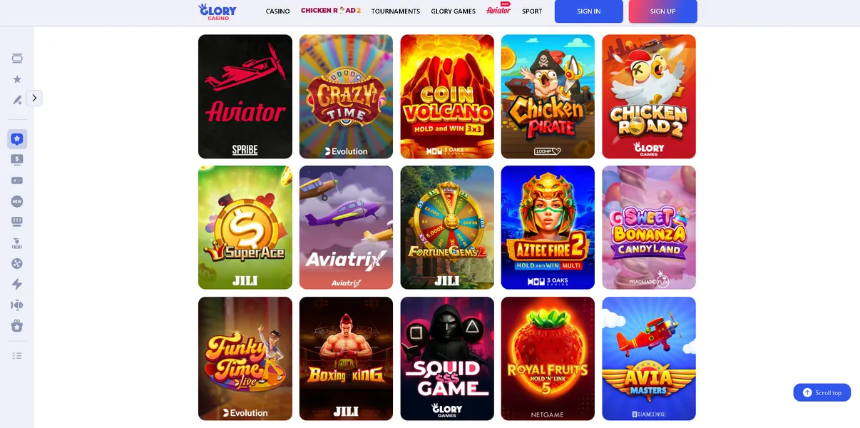 Games in Glory Casino app - available selection and categories Games in Glory Casino app